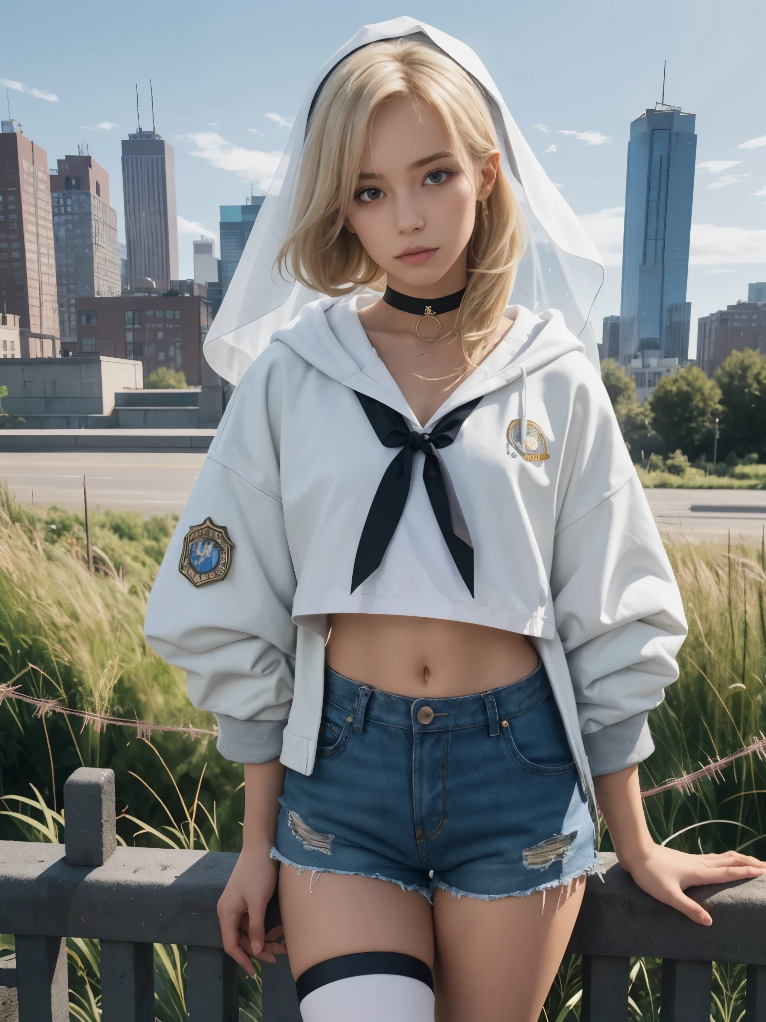 girl, head tilt, hip tilt, raised one arm, crop top, open cropped jacket, shorts, detailed face, looking at viewer, long hair, veil, thighs, choker made of barb wire, driend grass, (barb wire:1.2), blonde hair, sailor collar, ribbon details, hoodie, white hair, city garden, gorgeous light and shadow,