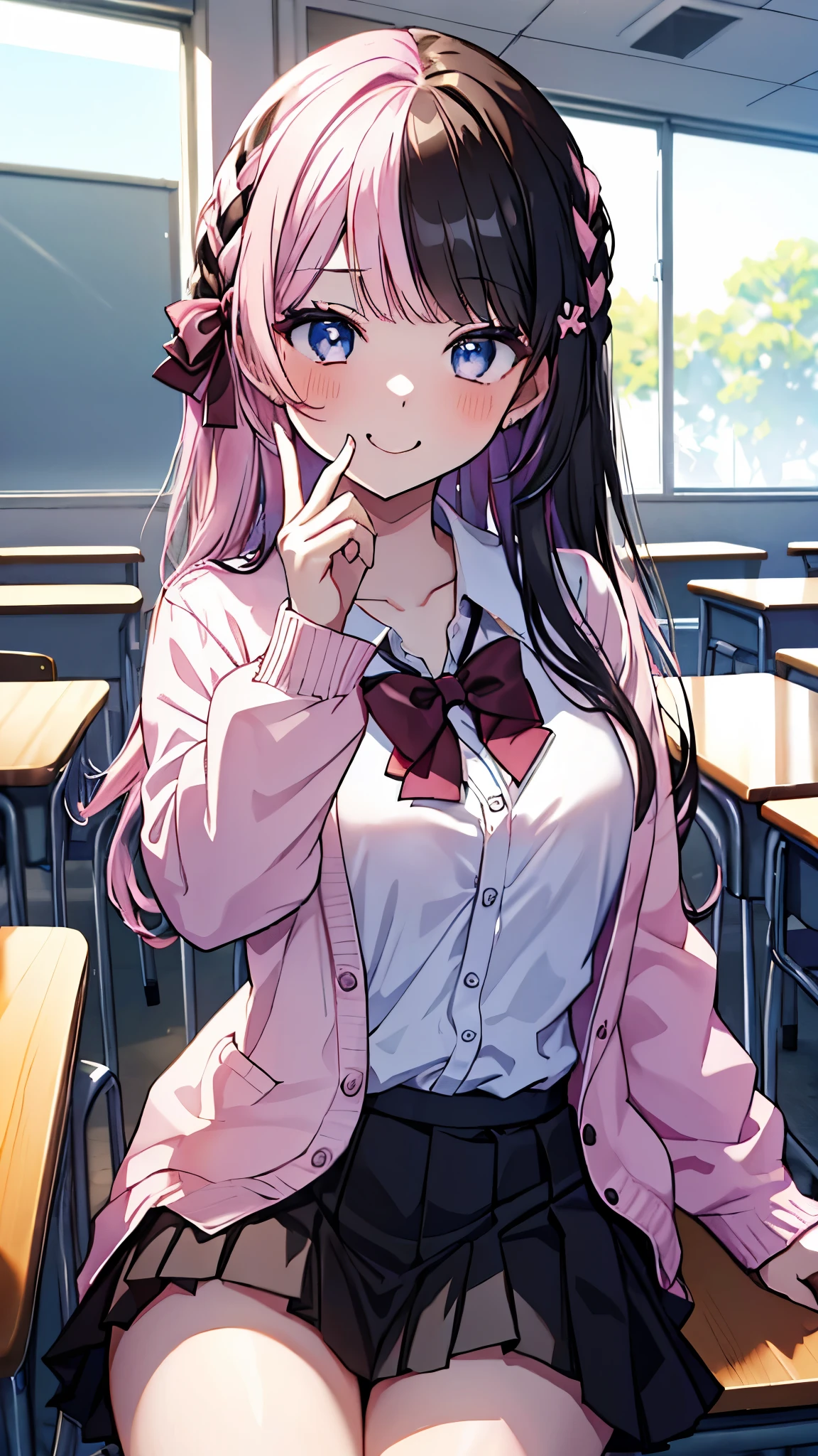 ((masterpiece、Highest quality、Very detailed))、One person、gyaru、(split-color hair black hair + pink hair), HinanoBase, two-tone hair, long hair, french braid, hair bow、Light blue eyes、evil smile、((Laughing))、Moderate breasts、((White collared shirt))、A bow tie、((pink cardigan))、((Black pleated skirt))、((miniskirt))、Cowboy Shot、Sit on a chair、Classroom Background