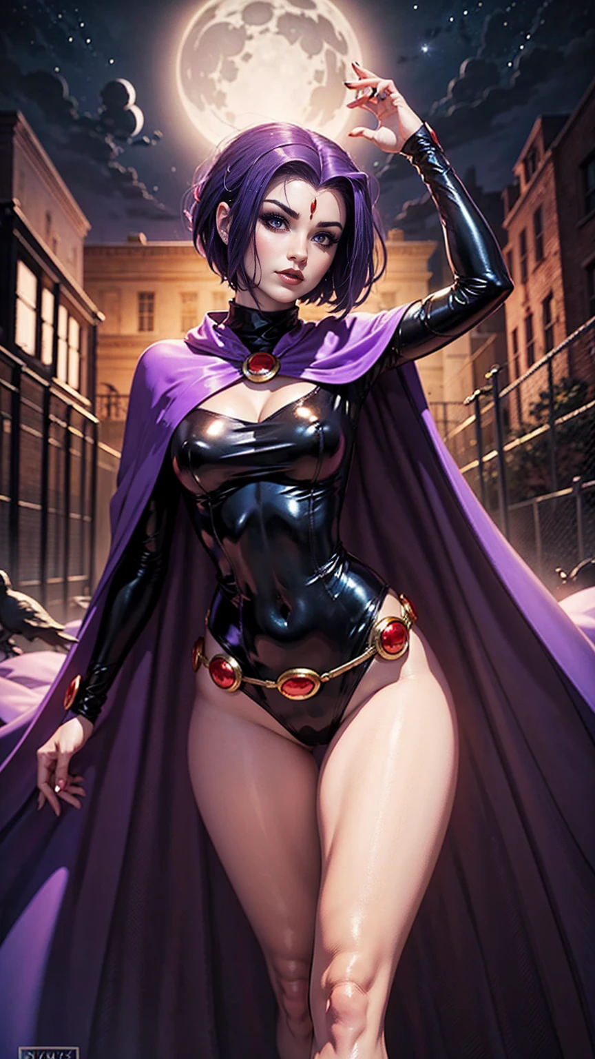 illustration of Raven from DC Comics, 1 girl, Raven, turtleneck, skin tight black leotard, Black cape, purple hair, forehead jewel, purple eyes, short hair, Belt,  standing, cleavage, toned, pose, night , moonlight, ((posing)), portrait. contour, elegant, glamorous, reflection, shine, shading, slender body,