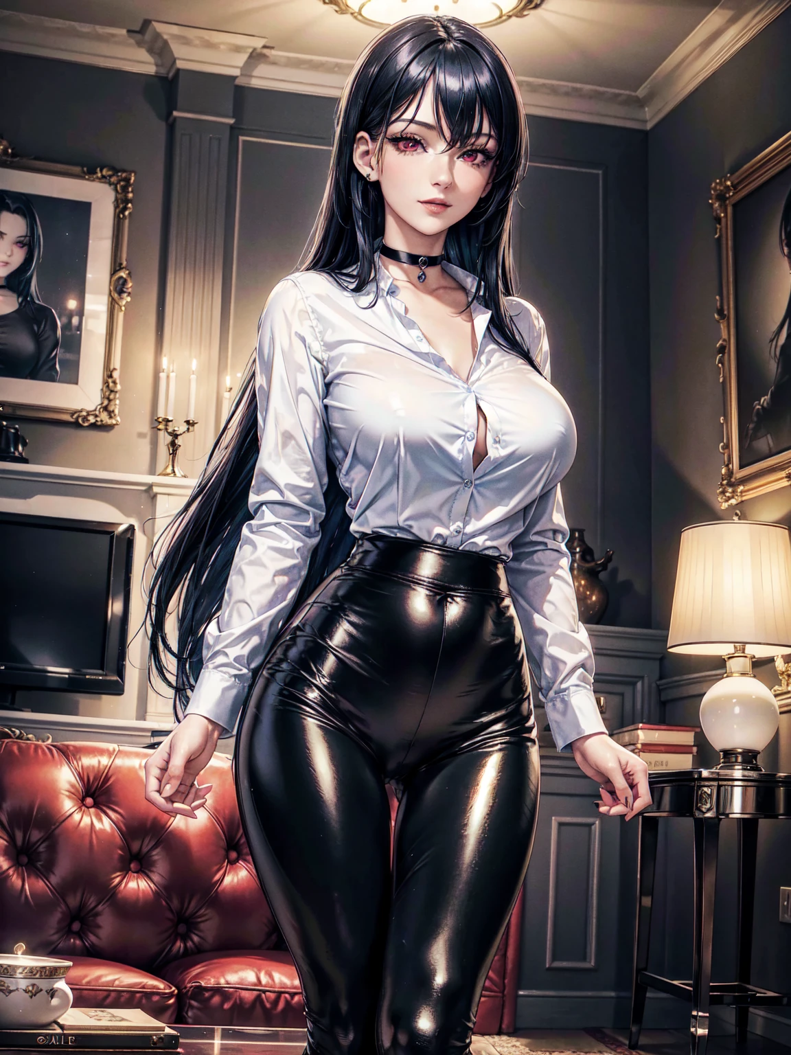 A beautiful adult girl standing, arms down,
beautiful face,
wearing a long sleeve white button up shirt, shiny black leggings, choker:1.6,
she has brown eyes, black fur, medium length dark straight hair, ((with a stripe in the middle)), ((Hairstyle without bangs)), whole body, perfect thighs, anatomically perfect legs,
very slim figure, (big breasts), firm breasts, hourglass figure,
realistic skin,
The background is a dark cabin, at night