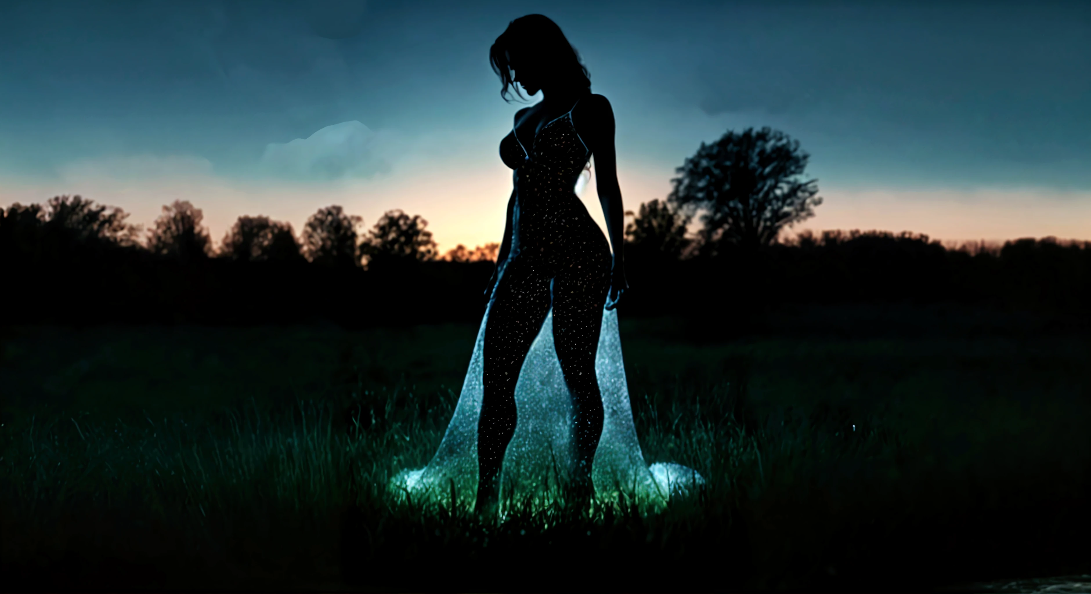  Big woman inside the tree at night setting there she looks like fairy tale wearing glowing effect clothes full body view 