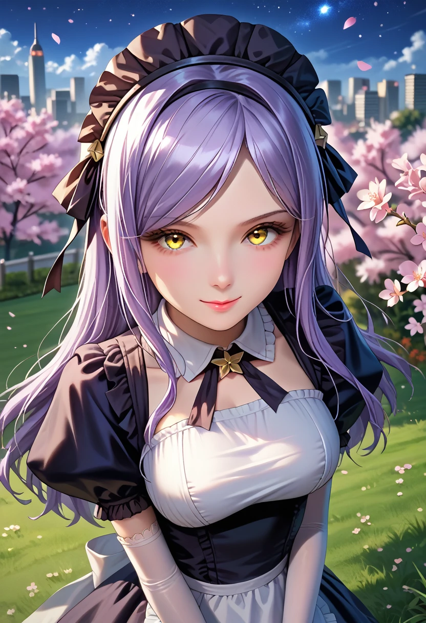 ,detailed face, beautiful face,1girl, solo, yellow eyes, b1ackl1l1th_mad, 1girl, official alternate costume, thighhighs, solo, gloves, high heels, elbow gloves, maid headdress, shibari underneath clothes, maid dress, outside,city,midnight,cloudy,(starry night:1.1),lights,cherry_blossoms,flowers, grass, plants,summer season,,,looking at viewer, standing, from above,,v-shaped eyebrows, light smile, 15 years