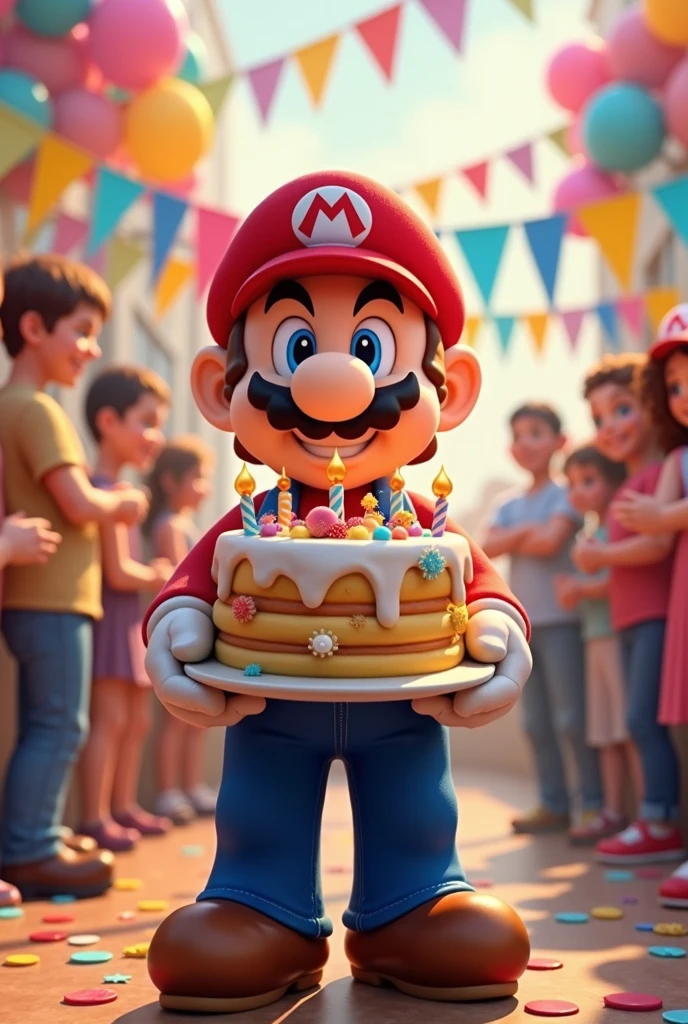 White boy with black eyes and curly hair having his 4th birthday party with Mario Bros holding a cake