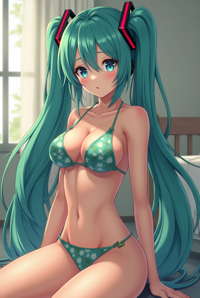 Hatsune Miku deitada de barriga pra cima na cama, sem roupa, peitos a mostra, vagina a mostra, pernas abertas mostrando a vagina, face with a very embarrassed expression