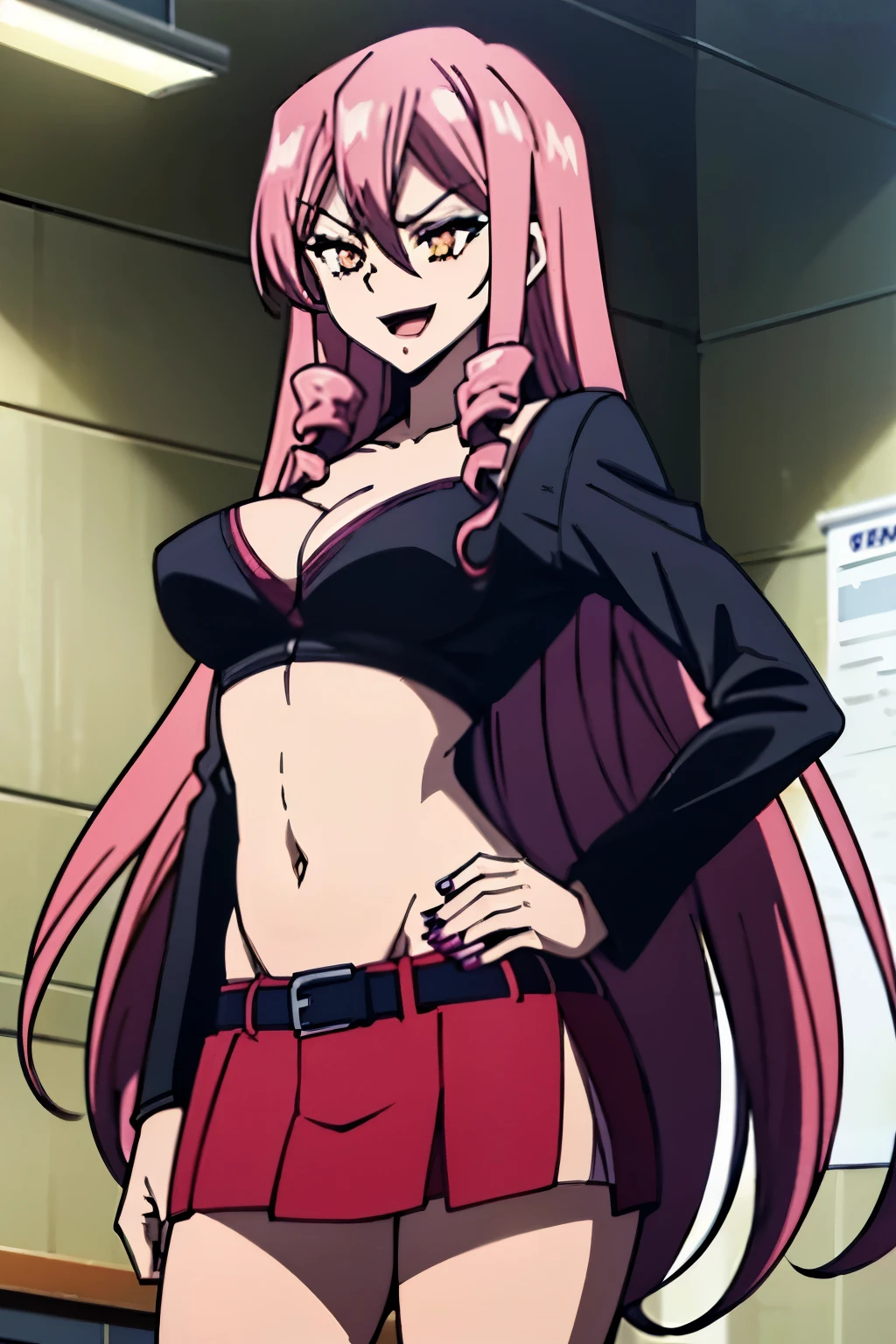 (((top-quality、​masterpiece)))、1girl in、A stunning、(((Longhaire)))、barechested、(((Orange hair)))、A sexy、an lingerie、(((Brown skin tone)))、sun burn、Mole、(((Colossal tits)))、large full breasts、Sheer areol、Pink underwear is visible、Show underwear、neck tie、I can see my chest a little