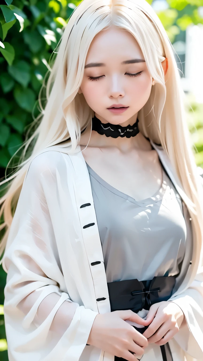 (((Faintly present woman in the dark)))、Highest quality、Tabletop、Portraiture、Perfect Anatomy、(((albino:1.2)))、Silver Hair、(((alone)))、Beautiful woman、Extraordinary beauty、、絹のようなSilver Hair、Hair length、((close your eyes:1.3))、((Wizard-style white robe))、frozen、Are standing、silence、cross your fingers in front of your chest、((Black background:1.3)))