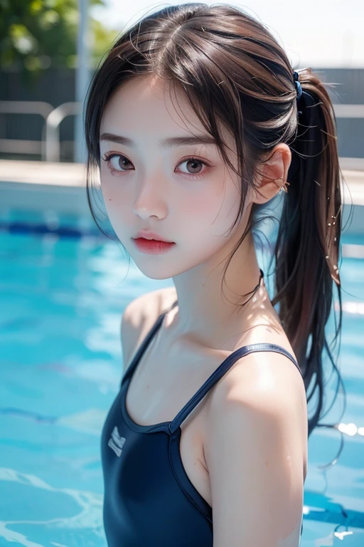 one girl, (a beauty girl, delicate girl:1.3), (:1.3),((Wet school swimsuit)) (Navy School Swimsuit:1.3),((Cute pose)) ,Very detailed clarity, (Symmetrical eyes:1.3), (School swimming pool, indoor:1.3), Small breasts, Brown eyes, ((Cute inward-curling hairstyle)), Brown Hair, girl,, (Eye and facial details:1.0),, (masterpiece, Best Quality, Very detailed, Detailed face, 8k)