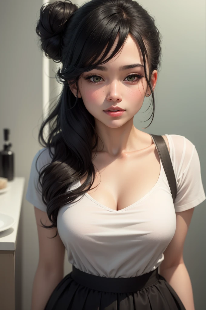 ((realistic face, seductive, adult look, white eyes)), (grey crop top, black underwear, short clothes), (black long hair), (20 years), (1 girl), (4k style))