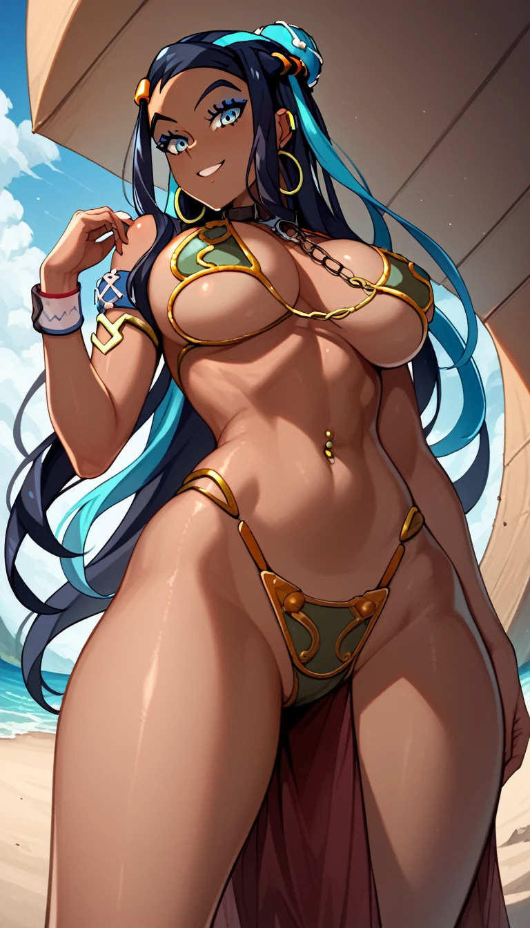 score_9, score_8_up, score_7_up, source_anime, best quality, solo, clear face, nessa, long hair, large breasts, perfect body, looking at viewer, smile, slave, shiny slave bikini, in the beach, standing, dynamic angle, high leg thong, from behind, big ass, wide hips, low angle, navel piercing, pelvic curtain