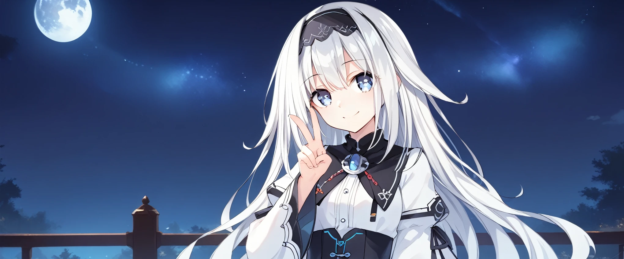 score_9, score_8_up, score_7_up, arusu maria,1girl, solo, long hair, blue eyes, white hair,hair between eyes,white dress,white thighhighs, long sleeves, wide sleeves,black hairband,Face, upper body, peace pose, smiling, sit, rised hand, black night sky, bright eyes