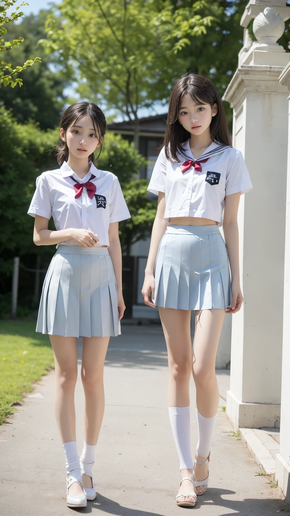 High detail, Textured skin, Very detailed, Ultra high definition, High-resolution model, Detailed face、bare navel、Twins, two girls, two high school girls、(((flat chest))), (flat chest:1.1)、 14years、a junior high school student、School Uniforms、Cute, young, (Full body:1.3)、Ultra-detail、​masterpiece、top-quality、超A high resolution、8K high image quality、Photogenic clarity、A detailed eye、Real live-action、Spring outdoor、Model Standing、Beautiful posture、High detail, Textured skin, Very detailed, Ultra high definition, High-resolution model, 