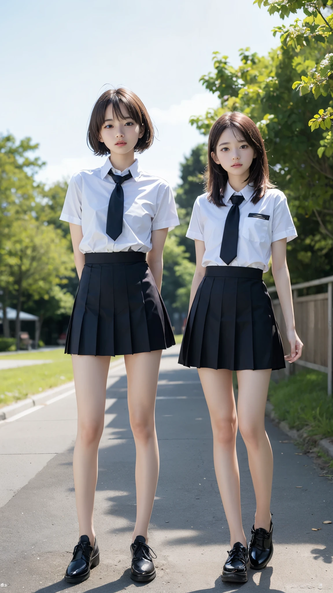 High detail, Textured skin, Very detailed, Ultra high definition, High-resolution model, Detailed face、bare navel、Twins, two girls, two high school girls、(((flat chest))), (flat chest:1.1)、 14years、a junior high school student、School Uniforms、Cute, young, (Full body:1.3)、Ultra-detail、​masterpiece、top-quality、超A high resolution、8K high image quality、Photogenic clarity、A detailed eye、Real live-action、Spring outdoor、Model Standing、Beautiful posture、High detail, Textured skin, Very detailed, Ultra high definition, High-resolution model, 