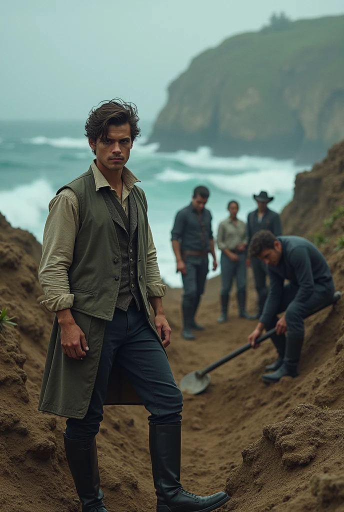 Create a young man in period clothing and other people, about five people digging on an island, make it like a scene from a suspense movie, make it very realistic, really do your best.