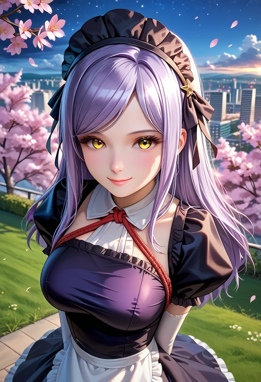 ,detailed face, beautiful face,1girl, solo, yellow eyes, b1ackl1l1th_mad, 1girl, official alternate costume, thighhighs, solo, gloves, high heels, elbow gloves, maid headdress, shibari underneath clothes, maid dress, outside,city,midnight,cloudy,(starry night:1.1),lights,cherry_blossoms,flowers, grass, plants,summer season,,,looking at viewer, standing, from above,,v-shaped eyebrows, light smile, 15 years