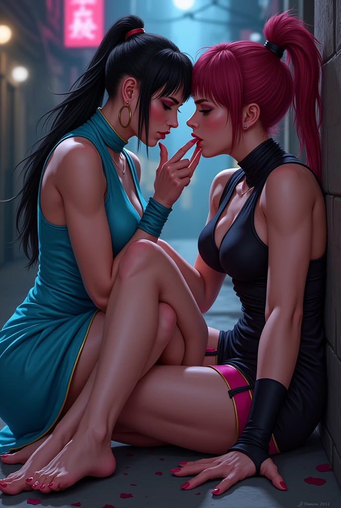 two women undressing each other, clothes sliding off, wearing only a long transparent shirt with nothing underneath, approaching for a kiss, sexual energy, seductive, sexy, thick Paint rainbow hair, slightly open mouth, looking at each other, breasts, calm facial expression, relaxed, gentle smile, paint instead of clothes, front view, ((medium breasts)), relaxed face, relaxed shoulders, dynamic pose, liquid details, a woman spreading her legs and touching herself between the legs, touching herself seductively, sex position,