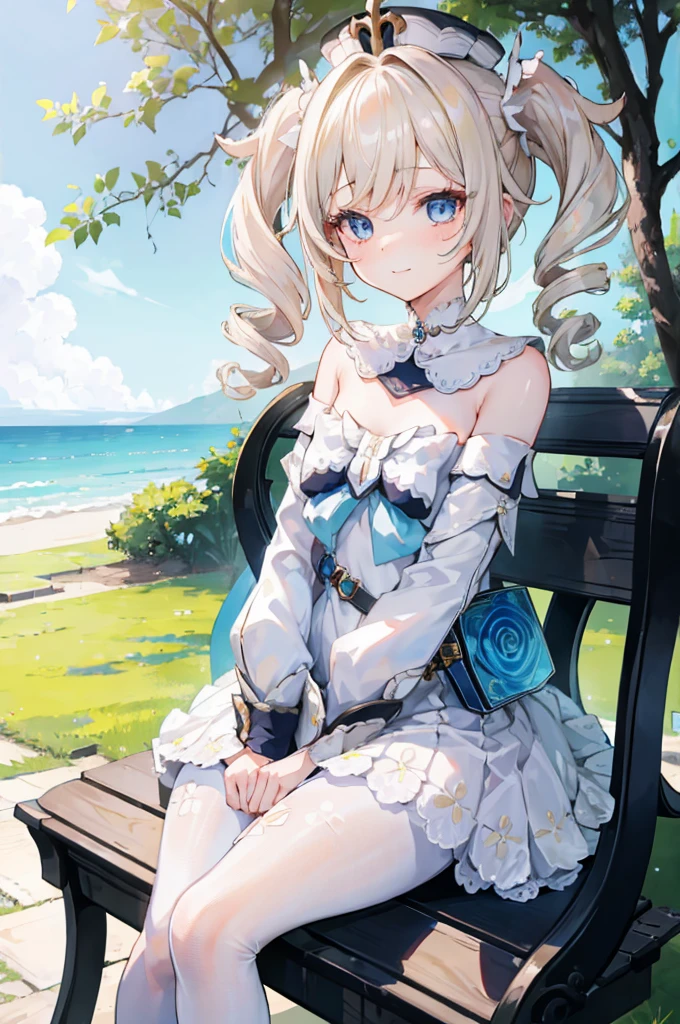 1 girl, short, lace dress, idol, white hair, white pantyhose,  blue eyes, cute face, smile, blush, outdoor, sitting on a park bench, under tree, looking at viewer, 8k, ray tracing, masterpiece, beautiful environment, Barbara, Genshin Impact, solo, cute