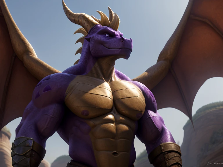 muscular male dragon, Spyro, Chad, bare chest muscles, medieval hero, adult, large penis, large testicles, heroic pose, medieval fantasy, 2 Horns, 2 Wings, imposing, highly detailed, incredibly realistic, 8k, masterpiece, hyperrealistic, cinematic lighting, dramatic shadows, vivid colors, sharp focus, unreal engine, photorealistic, exquisite details