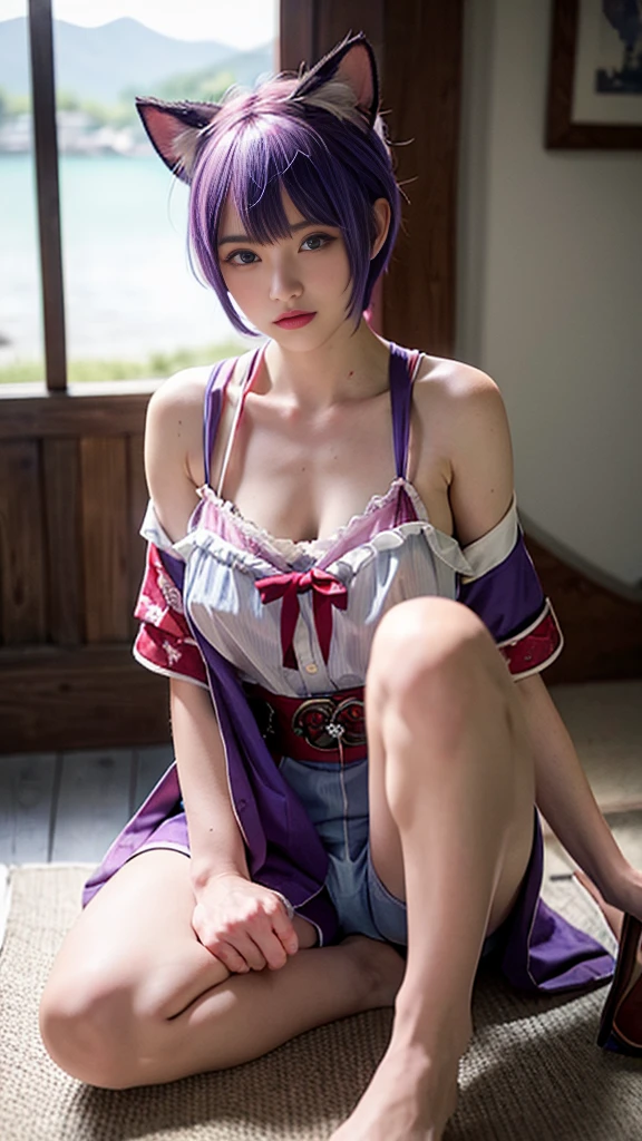 (nsfw:1.8),highest quality, masterpiece, (Tattered and torn costumes and lingerie:1.2), 1 girl, yuzuriha_(jigokuraku), purple hair, brown eyes, ninja, open clothes, cleavage, small breasts, topknot, medium hair, enchanting smile, (blush:1.1), Japanese style appearance, temple, sengoku period town, (NSFW 1.5),(vagina appreciation model:1.5),(Hentai sitting on a lewd chair with his crotch wide open to the left and right to show off his vagina:1.5),(Fully restrained with upper body chains and ropes:1.3),(DOUBLEarm Fully restrained with chains and ropes behind your back:1.5)B(forced climax),(hentai 2 hole insertionPOV:1.5),( face),(A large amount of pussyjuice squirting out:1.3),(A large amount of incontinence orgasm juice gushing out:1.3),(ahegao:1.2),(hentaimazoshisuplay:1.3)