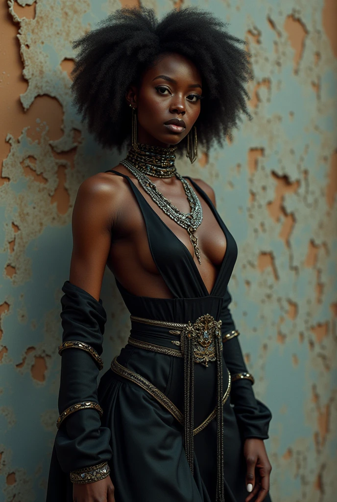 HUGE ASS, extreme protrusion, Protruding Ass paired with slender stomach ting waist, gear: belts clasps buckles in the details, dark skin: dark melanin Women, subject poses from the front side, eloquene bathed in elegance, linen apparel, post apocalyptic room, metallic long fabric, no nsfw