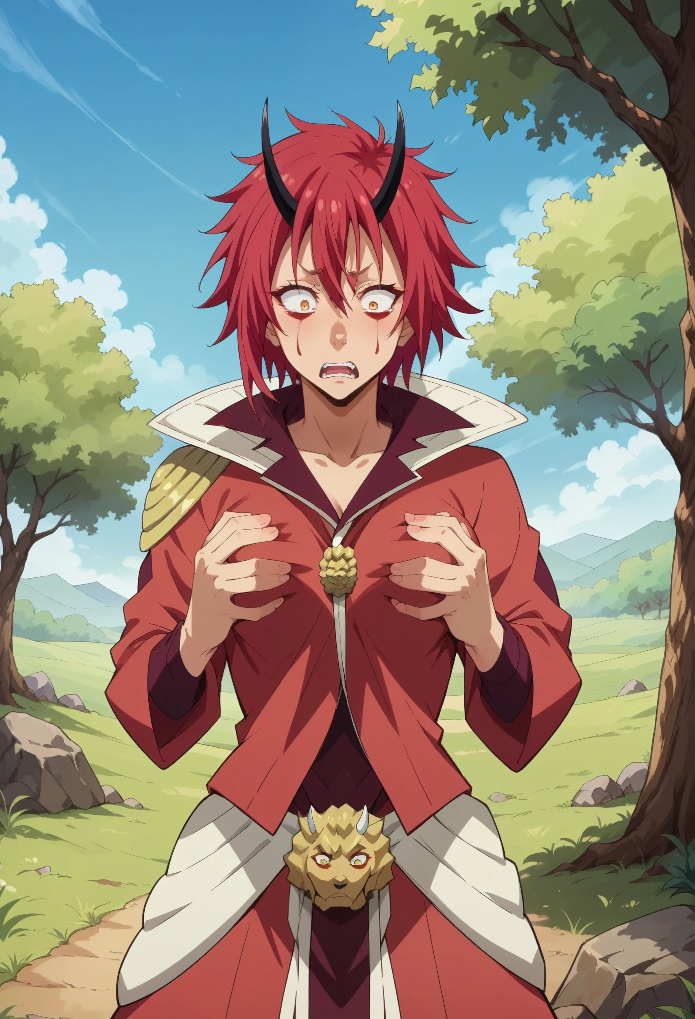 score_9, score_8_up, score_7_up, 1girl, solo, benimaru_tensura, red hair, (medium hair:1.5), yellow eyes, hair between eyes, horns, oni horns, facial mark, red jacket, opened jacket, standing, scared face, breasts, hands on breasts, shaking, cowboy shot, looking down, fantasy field, trees, rocks,