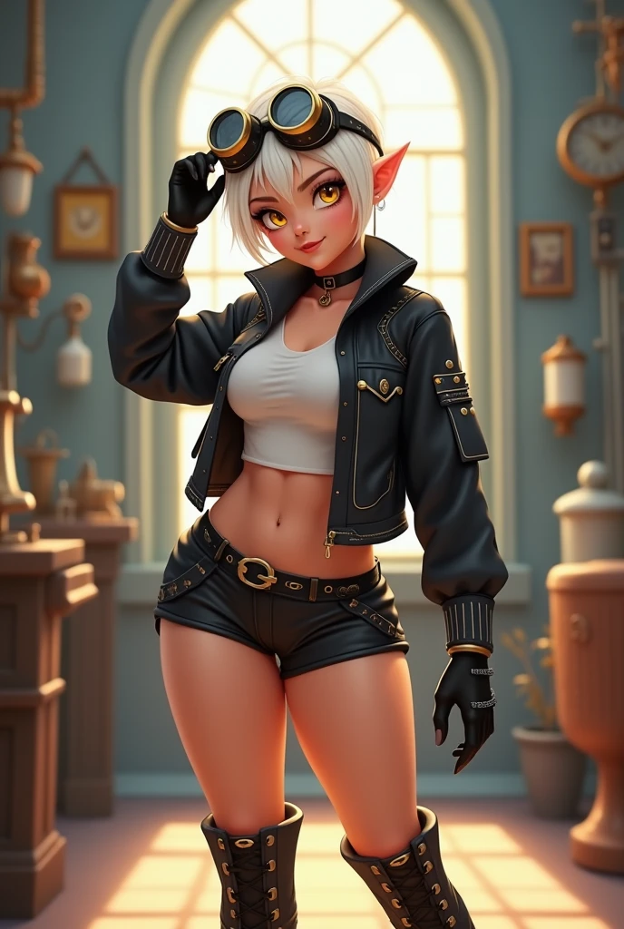 Create a cartoon style character, an adult albino female elf, with wide hips and thighs, small breasts, yellow eyes, small head, freckles, white hair, short. She wears a black jacket with gold details, a white crop top, black short shorts, gloves and black boots with gold details. Her clothes have a subtle steamponk style. She wears seamponk style welding goggles on her head. She sits on top of a fence, the background is a town mixing steamponk, medieval, and current era styles, with a mischievous look and a small smile. Angle from below, view from below