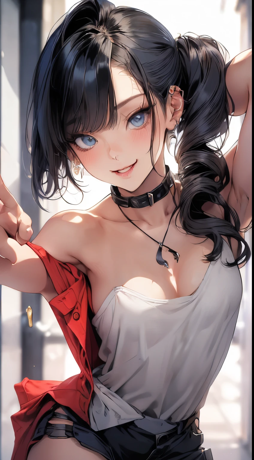 very young slim fit girl, (rounded face:1.2), very long disheveled dark brown hair, (big brown eyes:1.2), shy smile, perfect flat breast, band on head with fake cat ears, parororo, blue thight microskirt, collarbone, belt, eyelashes, ariawm, accurate snub nose, (very long strand of hair between eyes:1.3), topless, 8k, high detailed picture, (plump smiling lips:1.1), perfect small breast, thin and elegant hands, neat palms, perfect hands, neat feet, long slender legs, kneeling, fit, abs