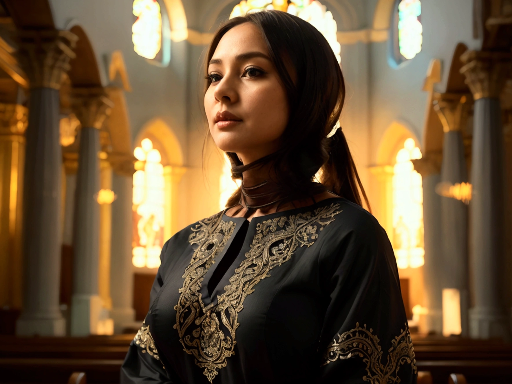 Resolution,Intricate portrait of the beautiful Ariana Grande,triadic colors,8K,Illuminated by warmly lit candles,Set against the backdrop of a spooky dungeon . Stunning interpretive visuals,Minimalist scarf and veil. F1.0 shots,Tilt-Shift,Salou degrees of freedom. Dramatic lighting. Chiaroscuro,