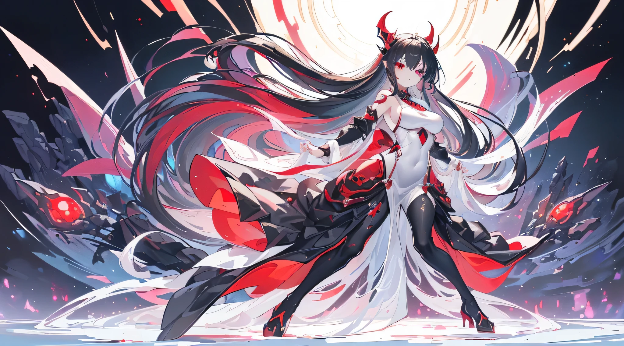 Exquisite eyes),(Clear and beautiful eyes:1.61),masterpiece, 1 young girl,(Black clothes and some red gems), Black long hair, (She has a huge red gem on her chest), Good Hand,((The Havoc of StarCraft)),full-body shot,Fighting Stance,(Red Eyes:1.466),short and small,(Very big breasts:1.35),(Pretty Face),(full-body shot:1.33),Beautiful hands