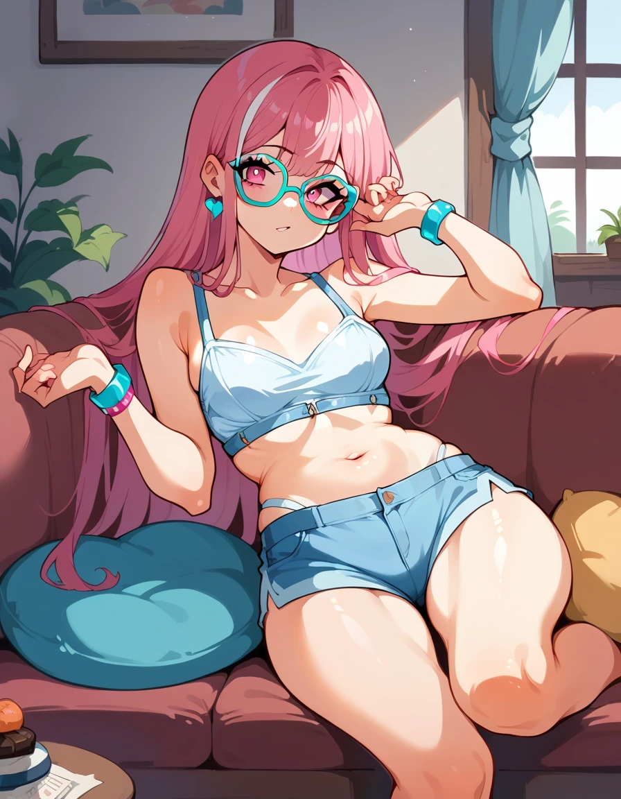 a girl with long pink hair and white streaks, vibrant pink eyes and small breasts. She wears a pink and blue outfit, next to a blue heart earring, colorful bracelets and purple lens glasses, Her outfit is cute and short, But provocative and inviting, short rosa, light blue top , Showing her breasts as she stretches on the living room couch, resting her cheek on her hand and elbow resting on the sofa. She smiles annoyingly and mischievously, Her breasts almost on display.  long hair, pink hair with white highlights