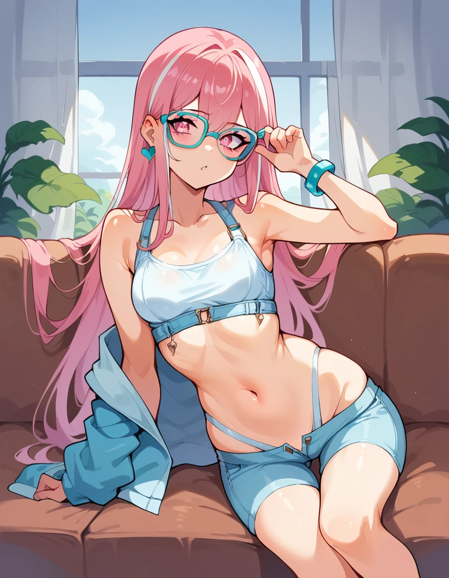 a girl with long pink hair and white streaks, vibrant pink eyes and small breasts. She wears a pink and blue outfit, next to a blue heart earring, colorful bracelets and purple lens glasses, Her outfit is cute and short, But provocative and inviting, short rosa, light blue top , Showing her breasts as she stretches on the living room couch, resting her cheek on her hand and elbow resting on the sofa. She smiles annoyingly and mischievously, Her breasts almost on display.  long hair, pink hair with white highlights