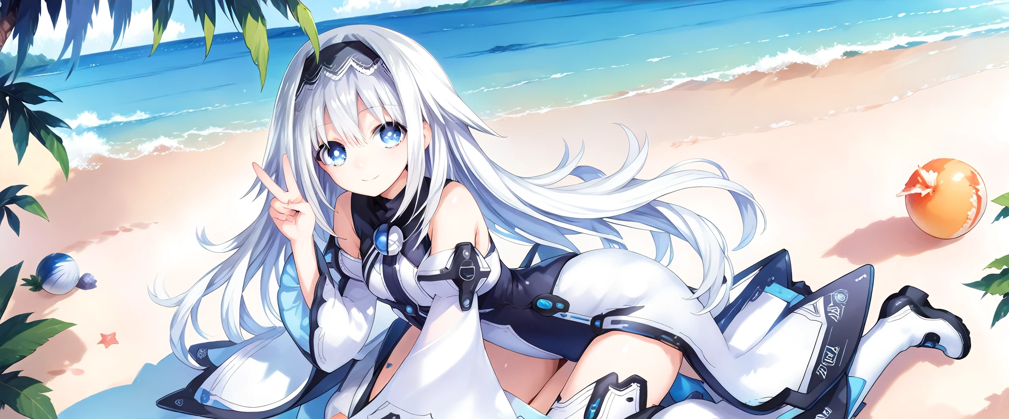 score_9, score_8_up, score_7_up, arusu maria,1girl, solo, long hair, blue eyes, white hair,hair between eyes,white dress,white thighhighs, long sleeves, wide sleeves,black hairband,Face, peace pose, smiling, sit, rised hand, beach, cheerful, swimsuit