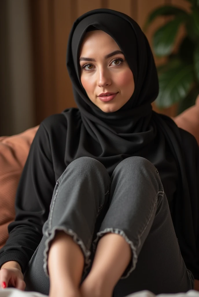 A hijab-clad woman with big breasts, sexy legs, wearing tight jeans and a sweater, is sitting sexily on a bench
