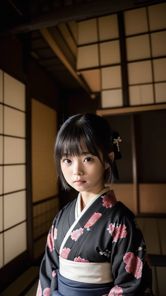 Sit in a traditional Japanese room、A young-looking zashiki warashi、wearing a kimono、Hair is black、A slightly innocent look、Tatami and Shoji Screens、Face close-up、Bob、Big eyes