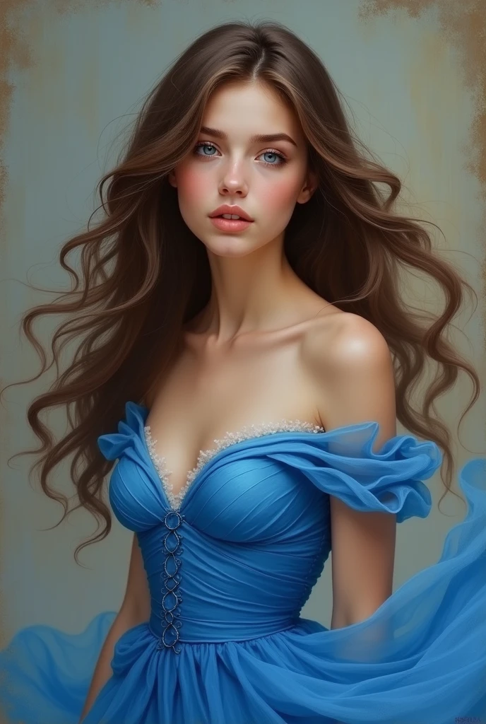 A beautiful woman in an elegant evening dress, long luxurious brown hair, detailed facial features, piercing blue eyes, subtle makeup, graceful pose, cinched waist, flowing skirt, shimmering fabric, dramatic lighting, dark moody atmosphere, cinematic composition, oil painting style, rich color palette, dramatic chiaroscuro lighting