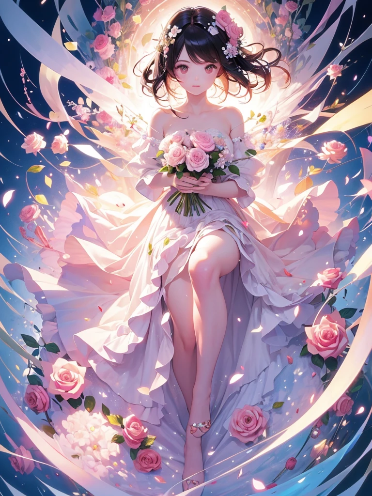 (masterpiece、highest quality、highest quality、Beautiful and beautiful:1.2)、(Good anatomy:1.5)、Milky white straight hair girl、White Costume、A sparkling smile、Sparkling Eyes、looking at the camera、put flowers and leaves on your head、Having a flower bouquet、Rose