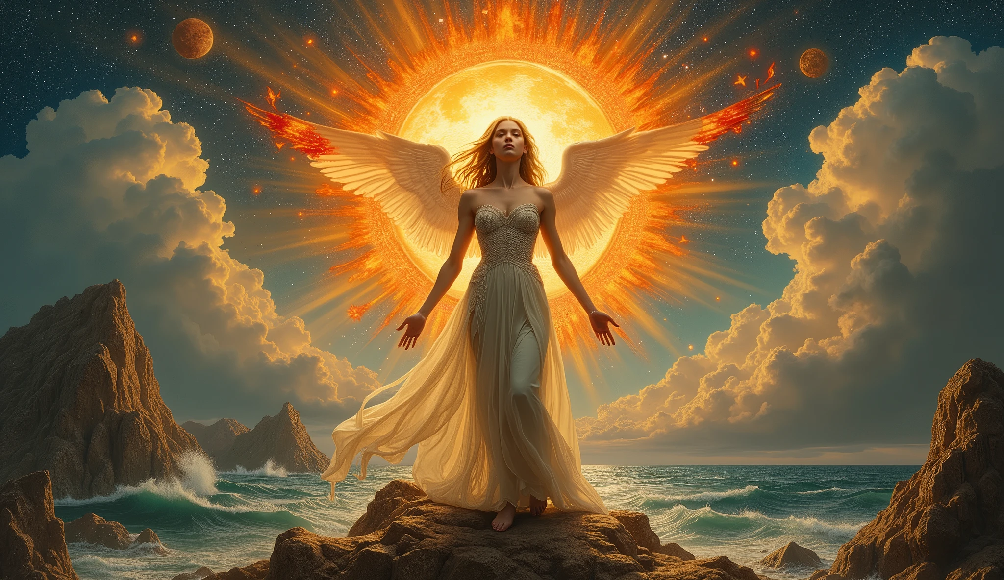 She is the sun, she is the moon We give it the sea and the river We give her hope in this world Her sighs are fire and gunpowder Her chest are an erupting volcano Her chest are high mountains We give her sun and moon Her sigh is a goddess to be worshiped leonardo da vinci style