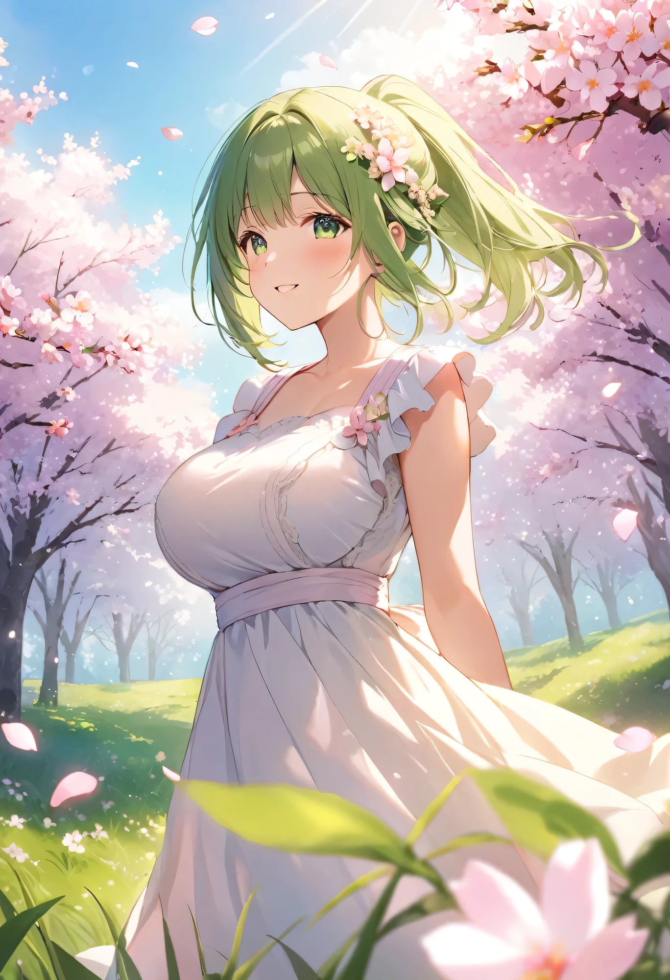 Girl smiles in wedding dress in a green field in the artadecer