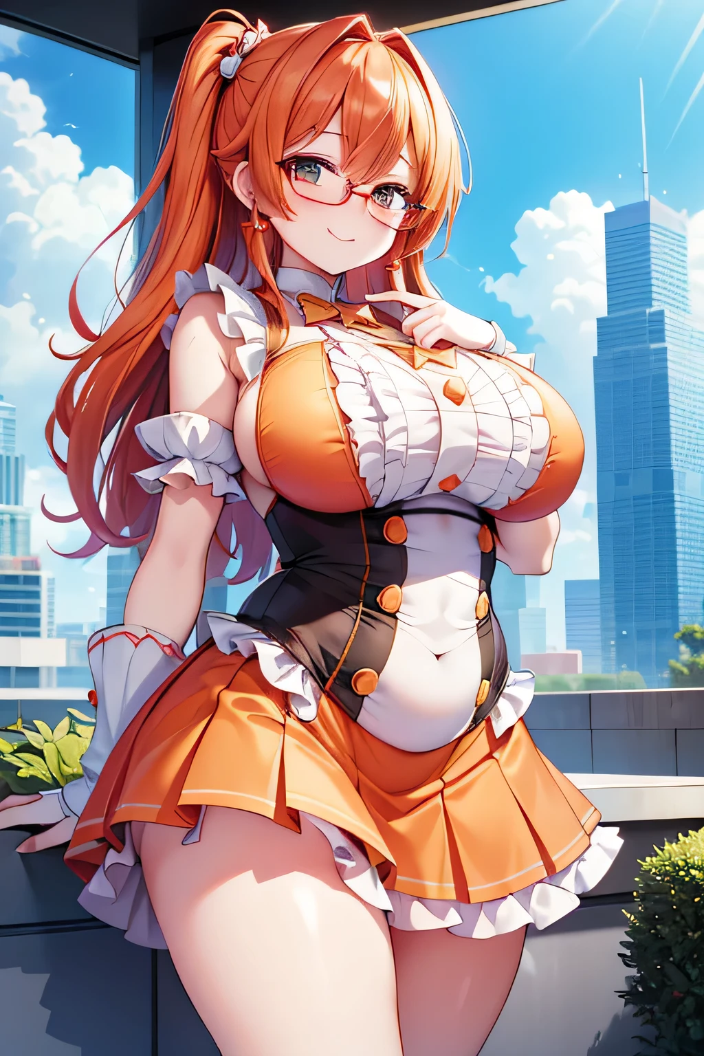 Hentai、High resolution、smile、Glasses girl、A plump, big-breasted, orange-haired magical girl shows off her charms in the rooftop garden of a futuristic high-rise building.、A lewd dress for a magical girl with frills、The short skirt doesn&#39;t cover her panties or her belly、Perfect proportions、Cowboy Shot、Belly button、Fatty thick legs、Clear eyes