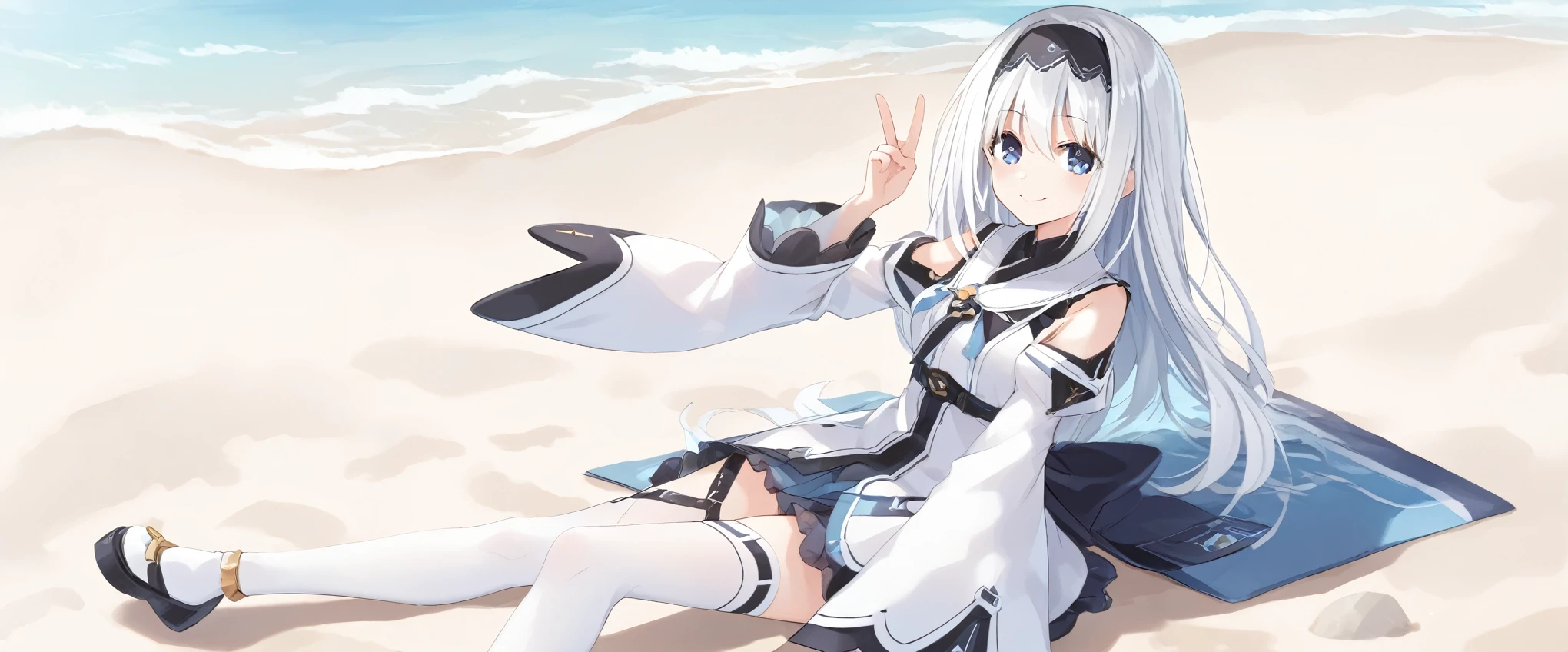 score_9, score_8_up, score_7_up, arusu maria,1girl, solo, long hair, blue eyes, white hair,hair between eyes,white thighhighs, long sleeves, wide sleeves,black hairband, Face, peace pose, smiling, sit, rised hand, beach, cheerful, swimsuit, happy, playing with water