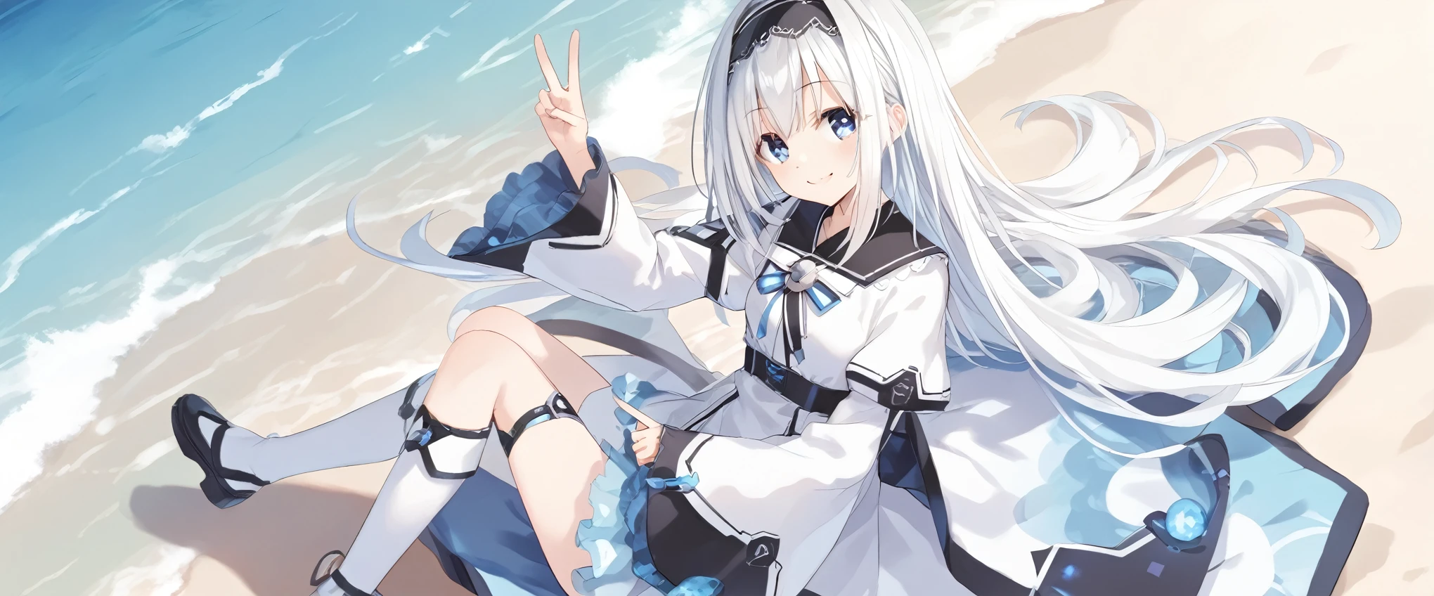 score_9, score_8_up, score_7_up, arusu maria,1girl, solo, long hair, blue eyes, white hair,hair between eyes,white thighhighs, long sleeves, wide sleeves,black hairband, Face, peace pose, smiling, sit, rised hand, beach, cheerful, swimsuit, happy, playing with water