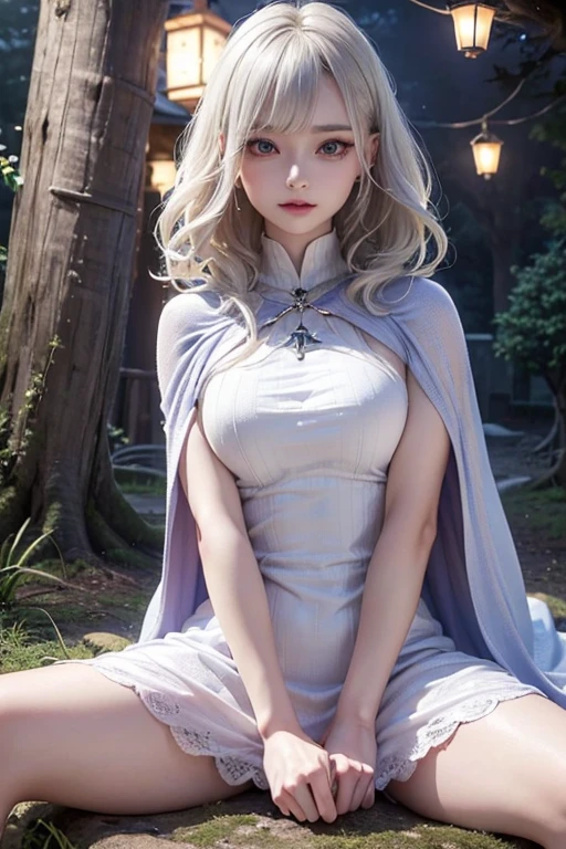 woman in a garden, Beautiful detailed eyes, beautiful detailed lips, extremely detailed eyes and face, long eyelashes, low-cut white blouse with long sleeves and high neck, white cape on shoulders, Intricate Silver Earrings and Necklace., pointy ears, black skirt, black gloves, white high heel thigh high boots, long platinum white hair tied in a ponytail, lock of long hair that frames the face, detailed silver eyes, sitting on the grass (lying on the trunk of a tree), surrounded by white and blue flowers, in the courtyard of a fantasy medieval castle, Hyper-realistic full figure, perfect body (Wide hips) (thick thighs), photorealistic, realistically shaded perfect body, (big breasts), seductive anime girl, photorealistic render of anime girl, High quality detailed art in 8k., oppai, realistic 3d anime, voluptuous body, 3d anime girl, very detailed anime