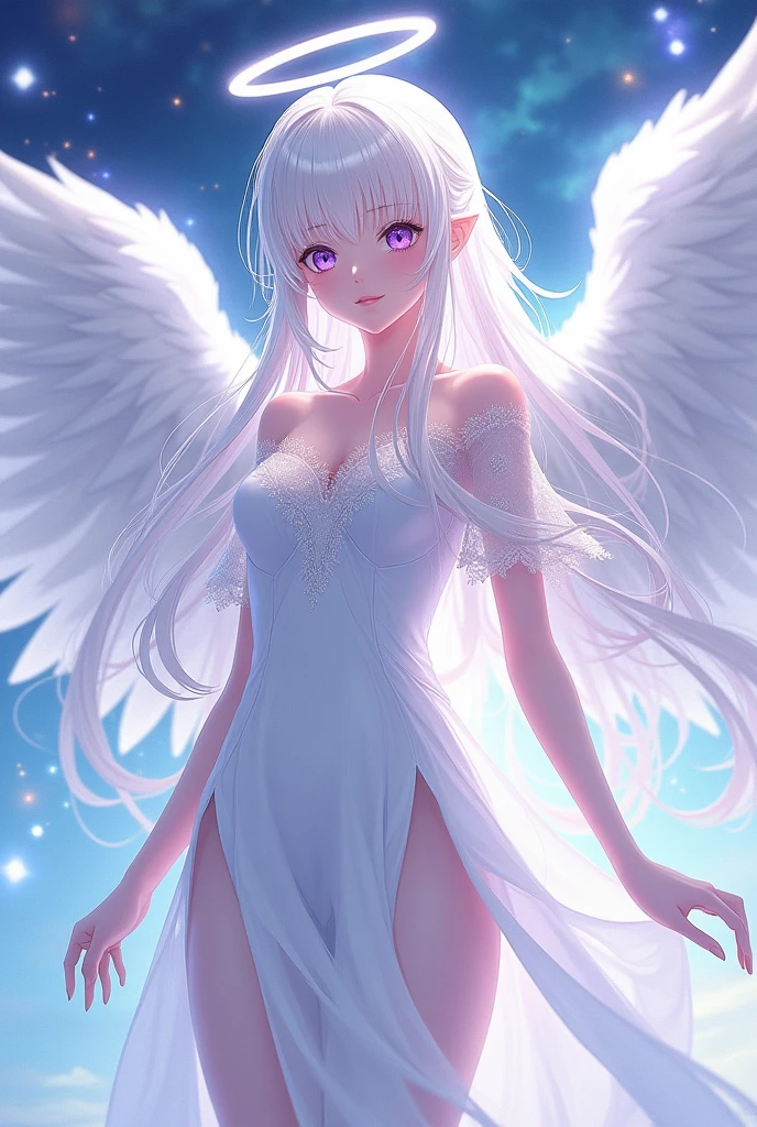 naked anime demon girl with angel wings, demon horns, halo, white hair, vagina, , long flowy hair, hands behind back, submissive, facing body towards viewer, front view, skinny, ice, snowing, snow, winter, forest, ice horns, ice girl, blue halo, shiny halo, ice halo, ice angel, ice magic, ice queen, ice goddess, ice crystals floating around her, nipples, ice wings, blush, 