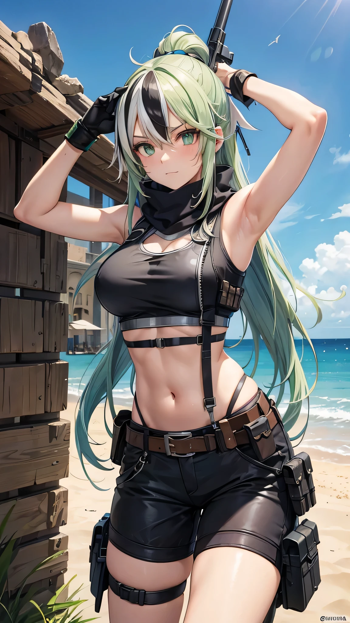 Movie angle, depth of field, (viewing viewer), (front right: 1), (standing photo: 1), cat eared girl, (solo),silver hair,(white skin:1), (curvaceous:1.2), (wide hips:1.1), girl with cat ears, (beautiful beach background), (coast background: 1.4), (coast background: 1.4), (green clothes), (bare shoulders, green micro bikini), ( Green T-back panties: 1.2), (green glove armor: 1.2), sharp claws, detailed horns, green choker, green thigh-high boots, (ponytail, hairs between the eyes), (silver-haired), green eyes), (flat chest: 1.2), expressionless, stunned, sleepy, wakame