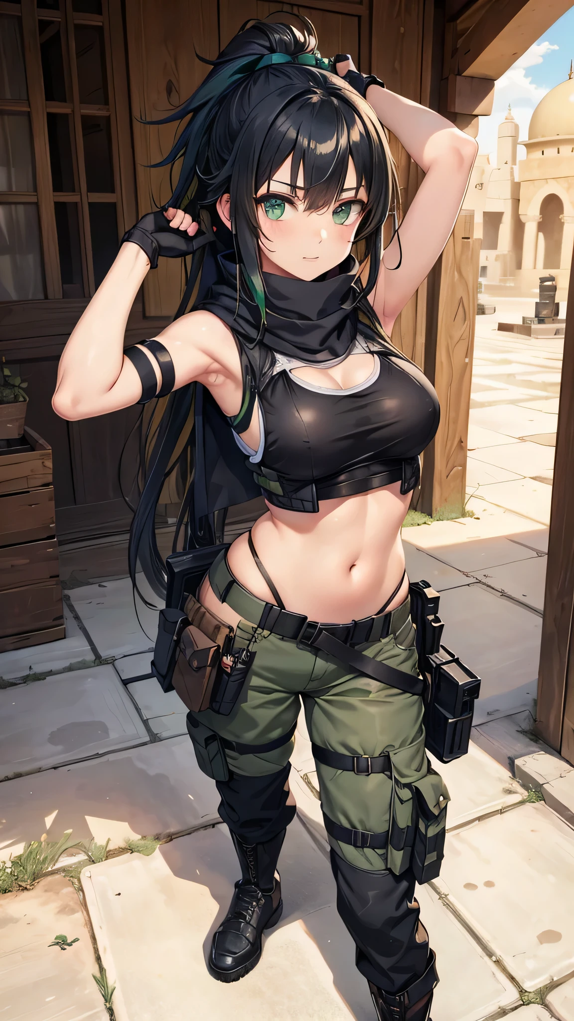 a woman in a black outfit holding a rifle and wearing headphones, 24-year-old woman, Filipino woman, tan bronze skin, soldier girl, mechanized soldier girl, military girl, beautiful female soldier, female lead character, infantry girl, of a sniper girl in war, solo female character, future combat gear, close up half body shot, ((((Women in crop top military bulletproof vest, showing navel)))), quiet from metal gear solid v, wearing tactical gear, dressed in tactical armor, ((arms behind back, restrained, shibari, rope bondage:1.5)),