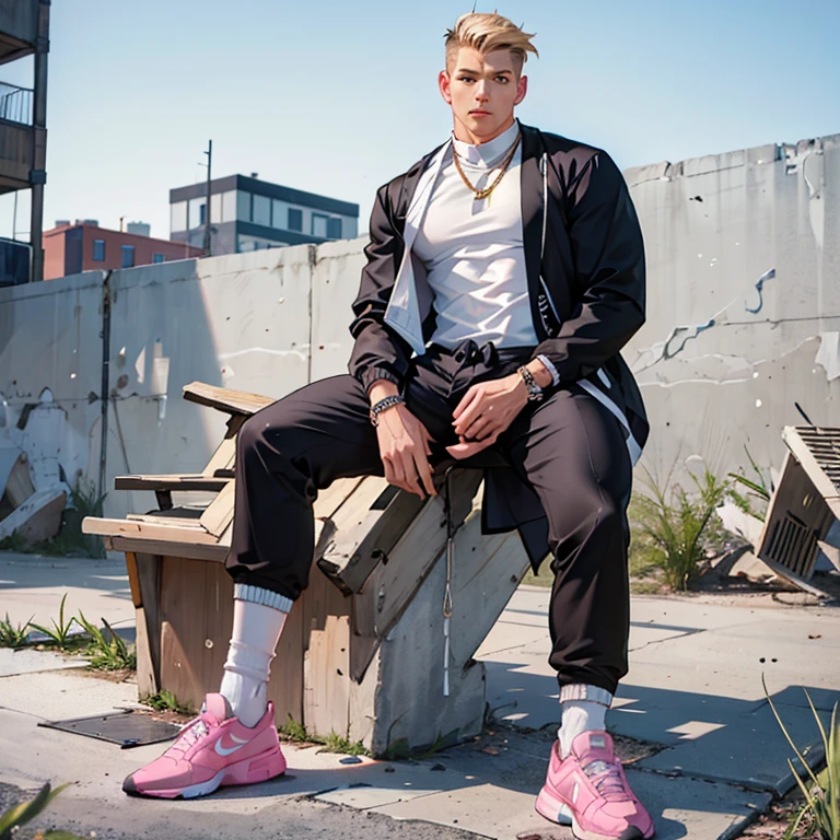 In a vacant lot in the suburbs, one preppy dapper brown undercut haired man with massive siliconed lips, in pink sheer socks, in dark blue suit, white shirt, pink tie, diamond and gold rings,bracelets, necklaces,cufflinks, long golden nails, LV bag, sitting in socks on a big stone ,presenting his pink socked feet to one young scally blond guy in adidas tight trackies ,bomber jacket,rotten nike tn sneakers,standing up right next, watching and smelling the pink socked foot