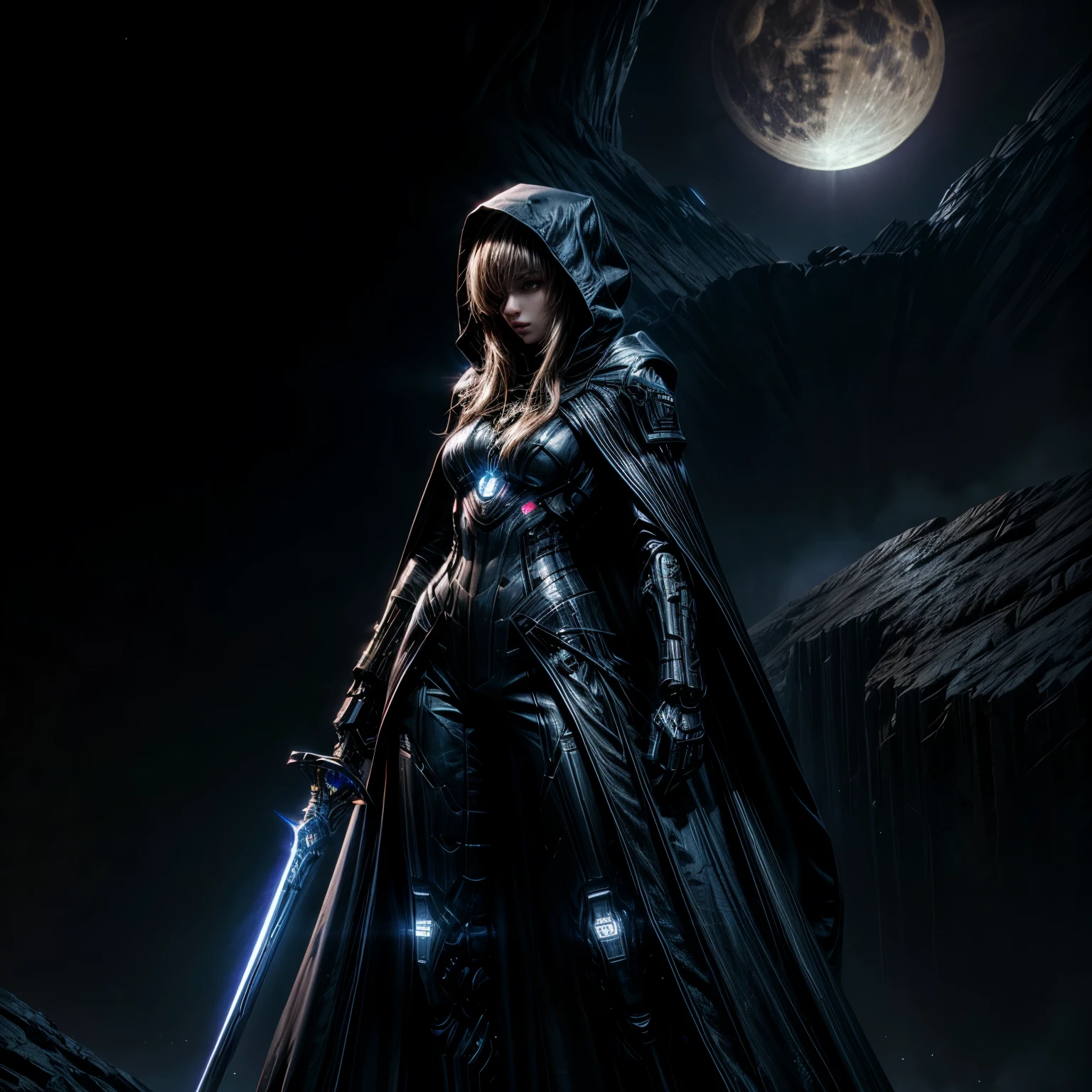 masterpiece, best quality, a woman in a futuristic suit, a sword on her back, in the dark night sky with stars in the background and a full moon in the sky, cybernetic, cyberpunk art, fantasy art hooded cloak,