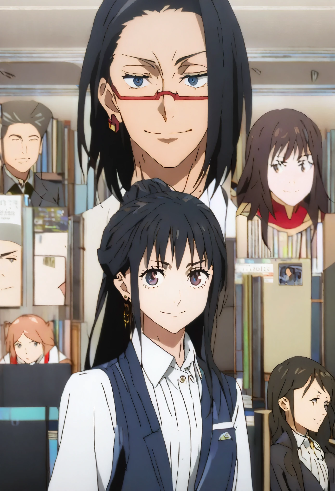 Sakura is a tall woman, about 170 cm, with a toned physique, which speaks about her active lifestyle.
 She has long, straight black hair, which are often neatly styled into a low ponytail or bun. Small strands freely frame the face.
Sakura has delicate facial features., and her fair skin gives her appearance freshness. She has a straight nose and a slight smile., which makes her appearance friendly and inviting.
Her eyes are bright brown., full of energy and determination. They demonstrate the ability to concentrate even in the most stressful situations..
Sakura prefers to dress in stylish office suits.. She usually wears well-tailored jackets and skirts in dark colors., For example, black or dark blue, complemented by a white shirt. Her outfit is usually completed with neat low-heeled shoes..
 Sakura wears thin earrings and a wristwatch., which highlight her style. She also often has small amulets and books with practical guides to exorcism on her desk.