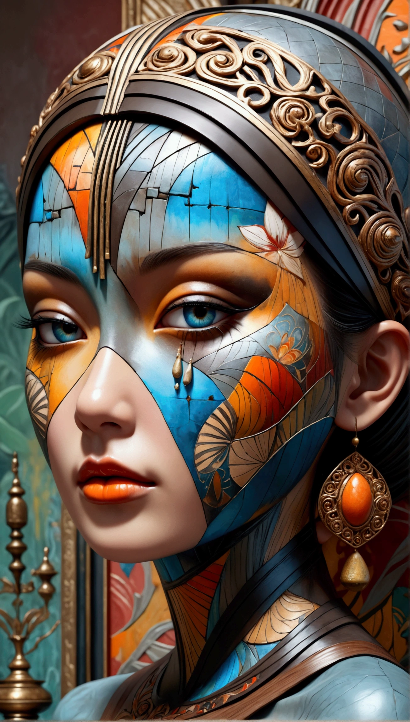 1 girl,abstract sculpture,young woman,Thai style,trunk,surreal,beautiful detailed eyes,beautiful detailed lips,extreme detailed face,detailed portrayal,ornate decorative background,(best qualityer,4K,8k,high resolution,work of art:1.2),ultra detali,(realisitic,photorealisitic,photo-realisitic:1.37),HDR,ultra HD,studio lighting,ultra-fine painting,sharp focus,Physically based rendering,extreme detailed description,proffesional,swirly vibrant colors,cinematic lighting,dramatic shadows