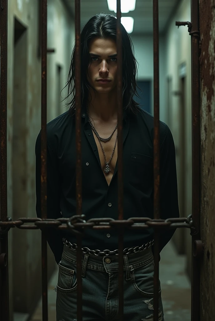 A shirtless skinny young man in wet leather pants screams while locked inside dungeon jail cell