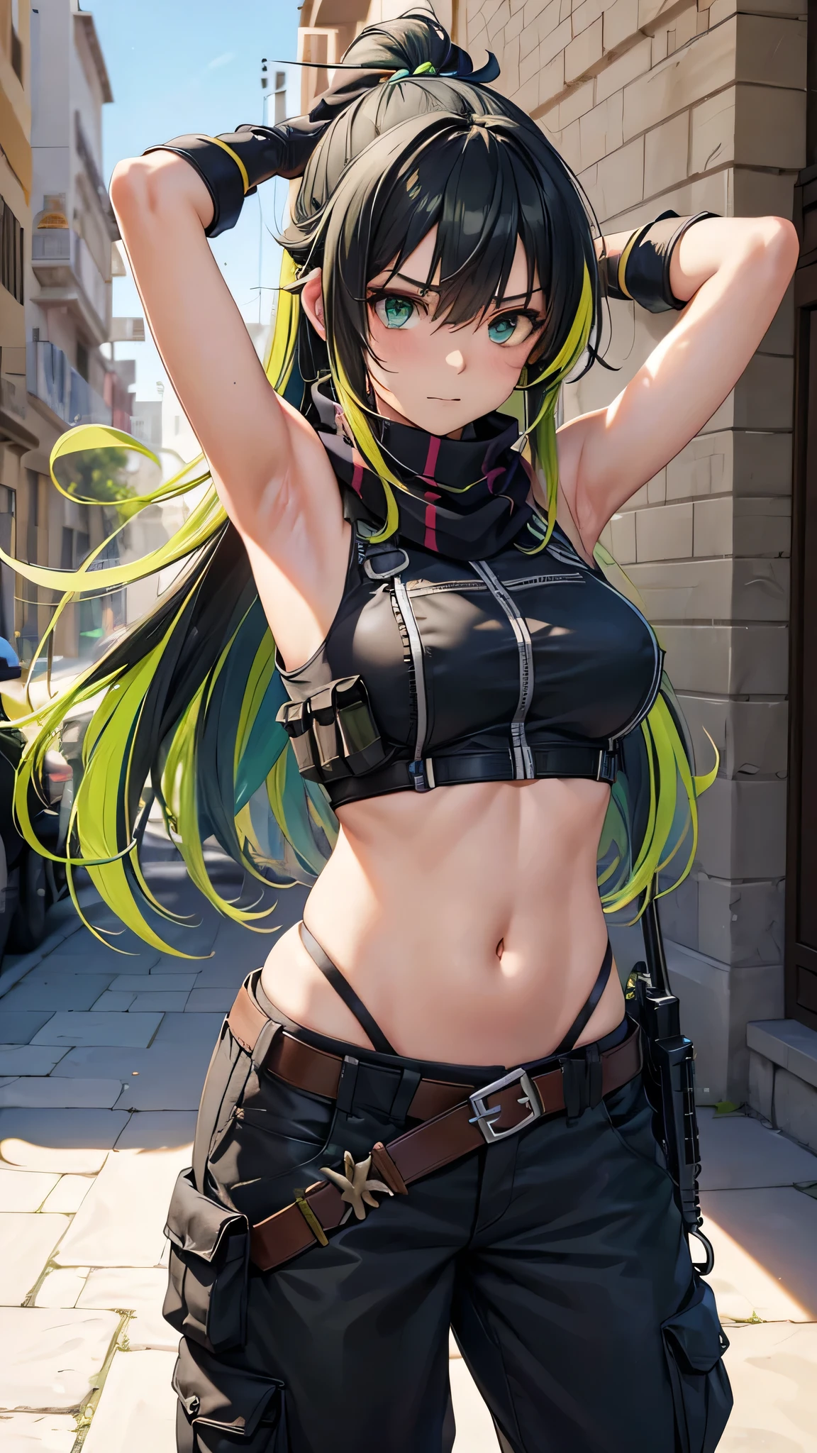 1girl,a beautiful fashion model ,(masterpiece, detailed background, best quality), elegant makeup, hoop earrings, seductive smile, oral invitation, ear blush, full blush, 8k, super detail, ccurate, best quality, award winning, best quality, 1080P, 4K, textured skin, slutty outfit, abs, ((tan skin, shiny skin)), akali, long black hair, long ponytail, hair between eyes, blue eyes, girl wearing bikini top and shorts, visible thong straps slender, athletic, slim